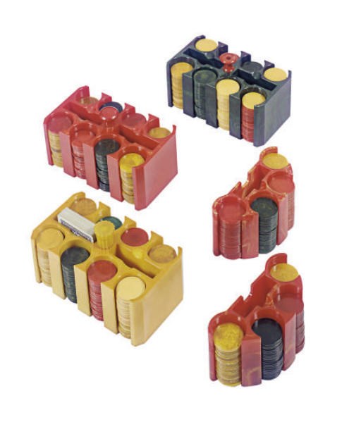 A COLLECTION OF CATALIN POKER CHIPS WITH CADDIES,