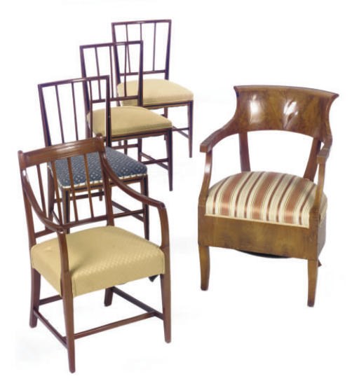 A SET OF THREE EDWARDIAN FRUITWOOD AND EBONY SIDE CHAIRS,