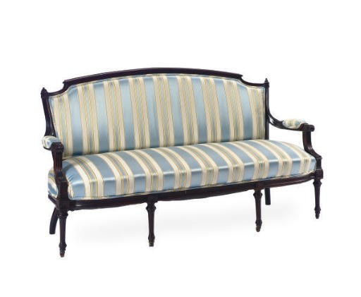 A FRENCH STAINED WOOD AND UPHOLSTERED SETTEE,