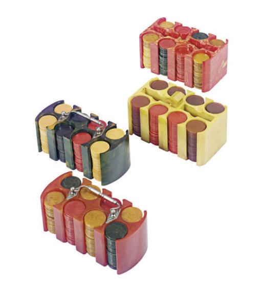 A COLLECTION OF CATALIN POKER CHIPS WITH CADDIES,