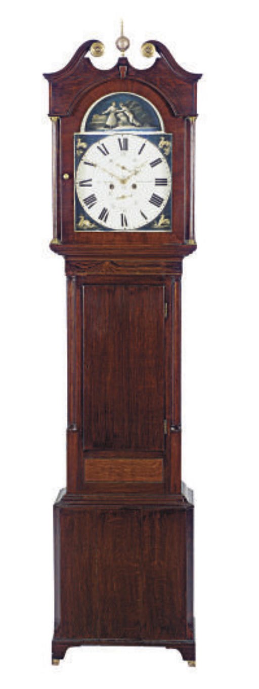 A REGENCY OAK, MAHOGANY AND ROSEWOOD TALL CASE CLOCK**,