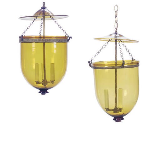 A PAIR OF VICTORIAN AMBER GLASS HALL LANTERNS,