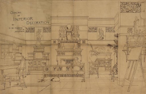E. W. GODWIN; OUTLINE OF INTERIOR DECORATION RARE DRAWING