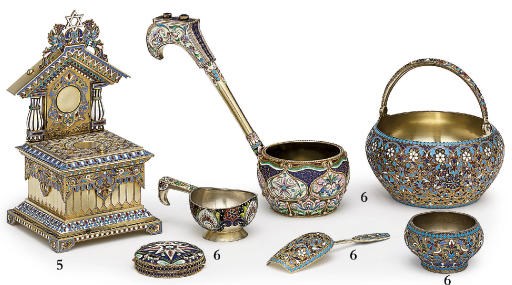 A jewelled silver-gilt cloisonné enamel ladle and a small kovsh