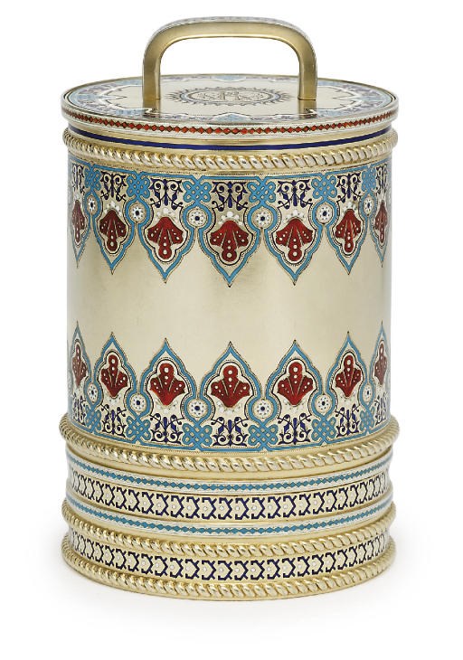 A silver-gilt and enamel caviar pot