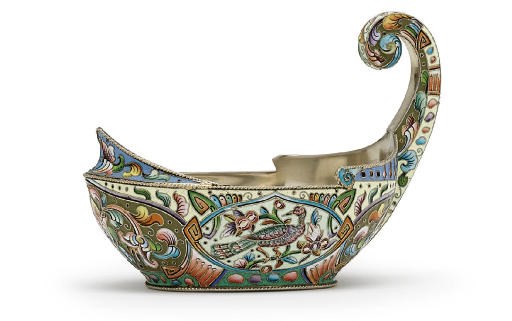 A silver-gilt and cloisonné enamel kovsh