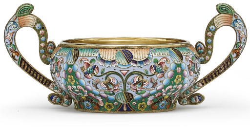 A silver-gilt and cloisonné enamel two-handled bowl