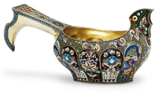 A silver-gilt and cloisonné enamel kovsh