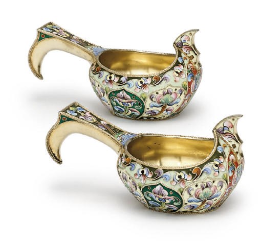 A pair of silver-gilt and cloisonné enamel kovshi
