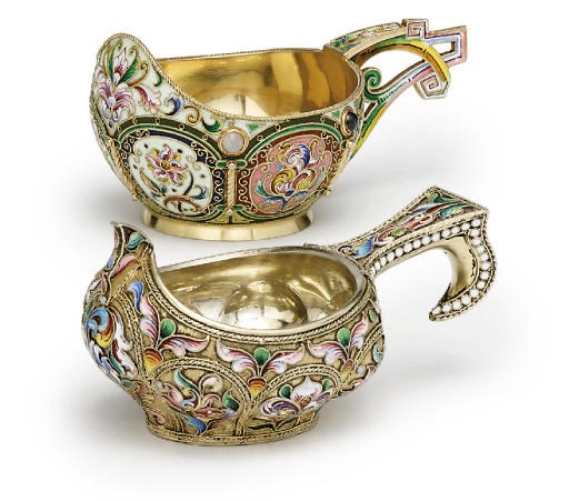 Two silver-gilt and cloisonné enamel kovshi