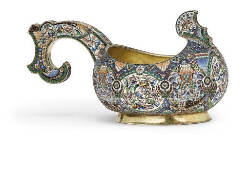 A large silver-gilt and cloisonné enamel kovsh