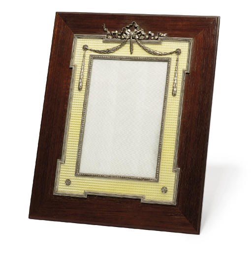 A silver-mounted guilloché enamel wooden photograph frame