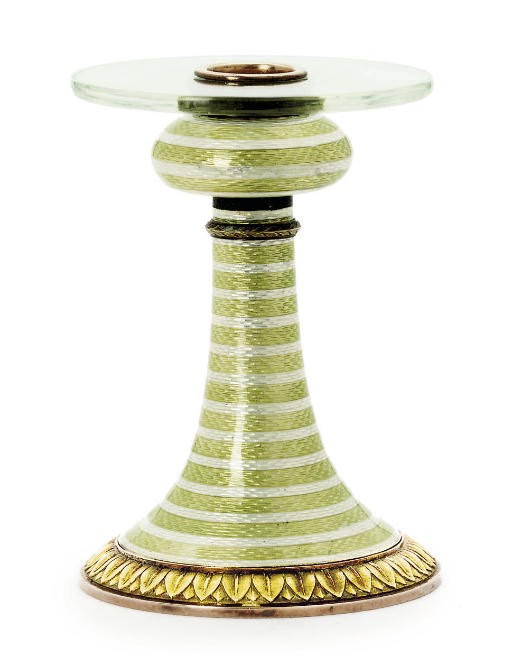 A  two-colour gold, silver-gilt and  guilloché enamel taper-stick