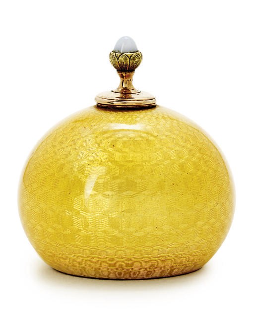 A jewelled, two-colour gold-mounted, silver and guilloché enamel gum-pot