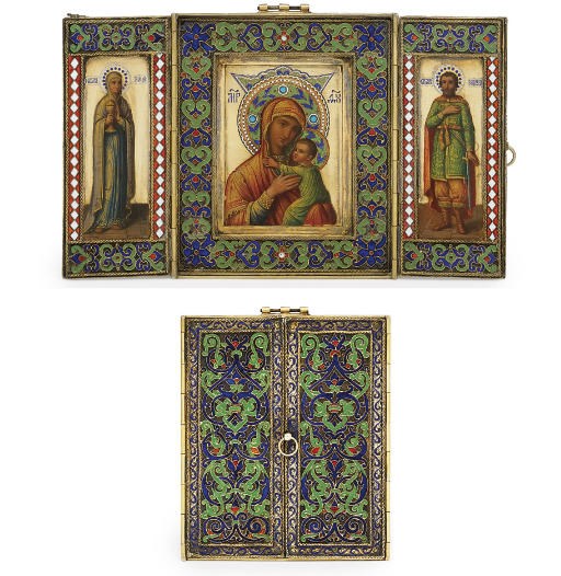 A silver-gilt, cloisonné and champlevé enamel triptych icon