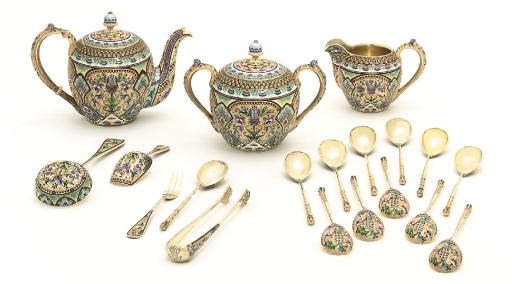 A silver gilt and cloisonné enamel tea-service
