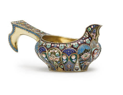 A silver-gilt and cloisonné enamel kovsh