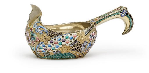 A silver-gilt and cloisonné enamel kovsh