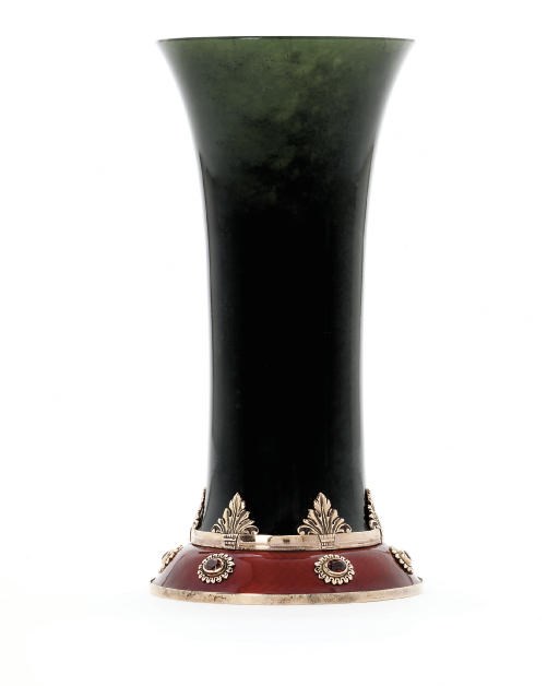 A jewelled and enamelled silver-gilt mounted nephrite vase