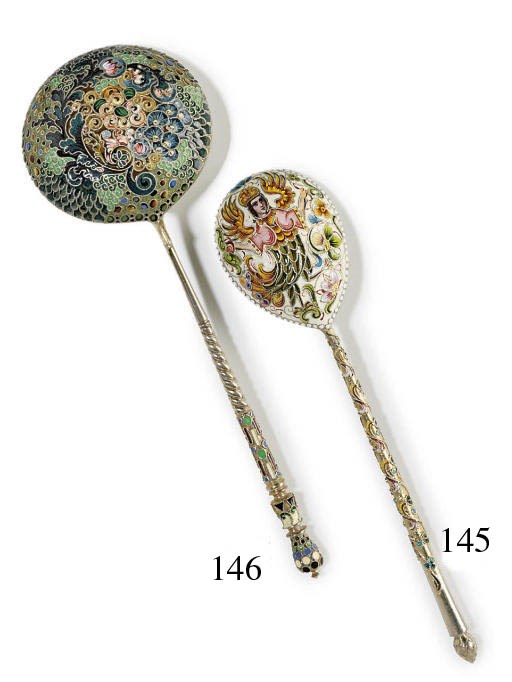 A large silver and cloisonné enamel spoon