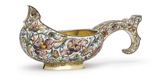 A silver-gilt and cloisonné enamel kovsh