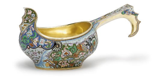 A silver-gilt and cloisonné enamel kovsh