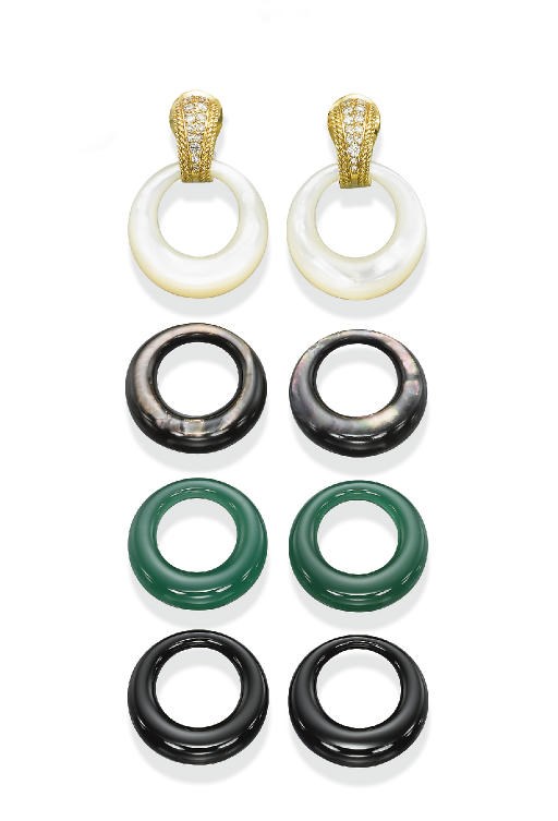 **A PAIR OF GOLD, MULTI-GEM AND DIAMOND EAR PENDANTS, BY VAN CLEEF & ARPELS