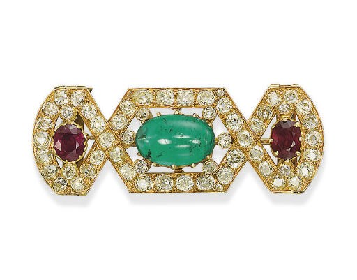 AN EMERALD, RUBY AND DIAMOND BROOCH