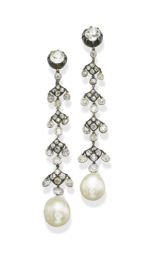 A PAIR OF PEARL AND DIAMOND EAR PENDANTS