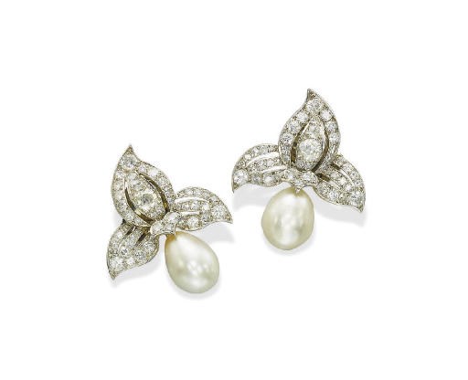 A PAIR OF NATURAL PEARL AND DIAMOND EAR CLIPS