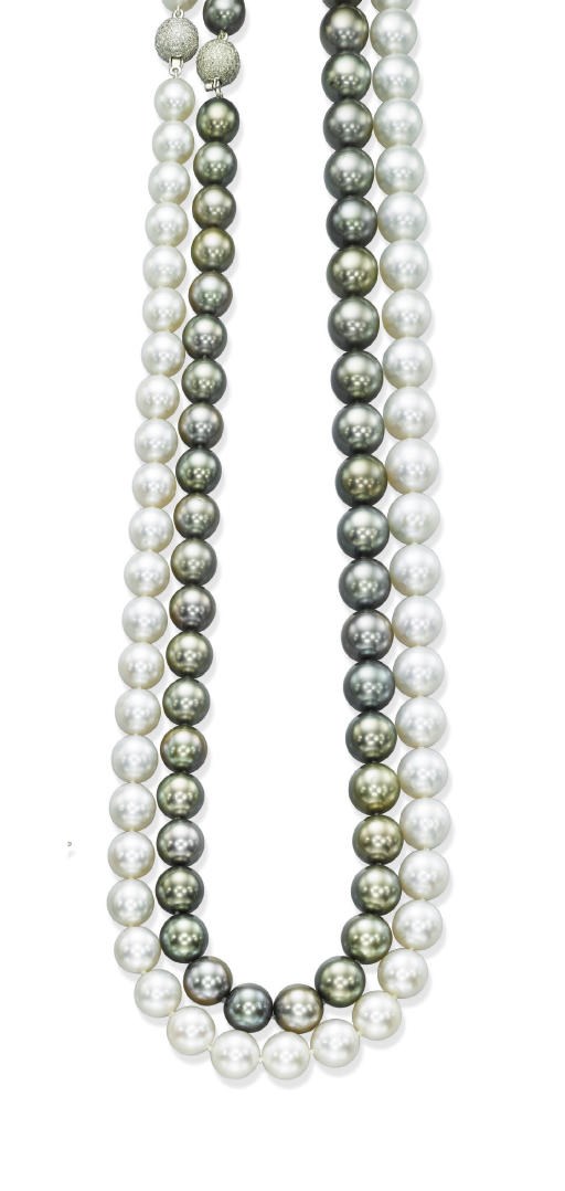 TWO CULTURED PEARL AND DIAMOND SAUTOIRS