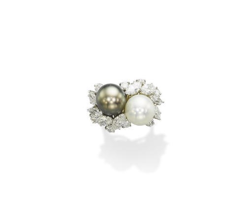 A CULTURED PEARL AND DIAMOND RING, BY HARRY WINSTON
