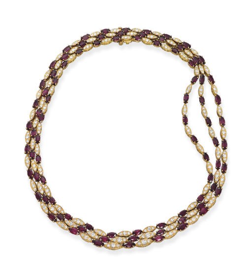 A THREE-ROW RUBY AND DIAMOND NECKLACE
