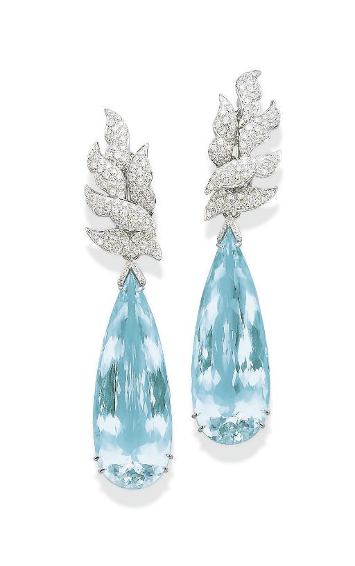 A PAIR OF AQUAMARINE AND DIAMOND EAR PENDANTS, BY MARGHERTIA BURGENER