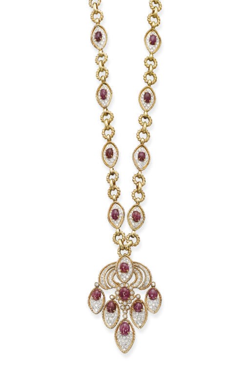 A RUBY AND DIAMOND PENDENT NECKLACE