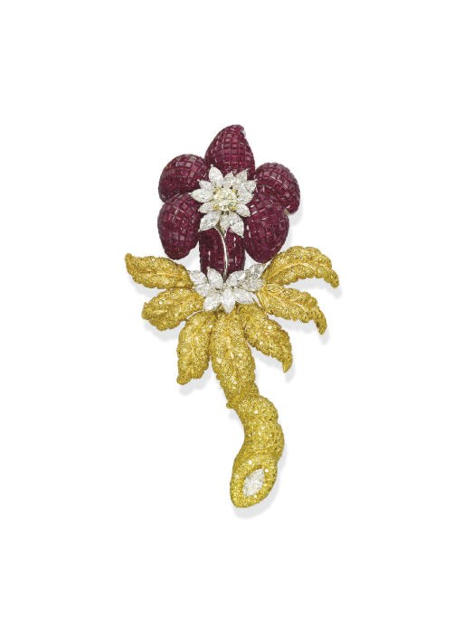 A RUBY, DIAMOND AND COLOURED DIAMOND CLIP BROOCH
