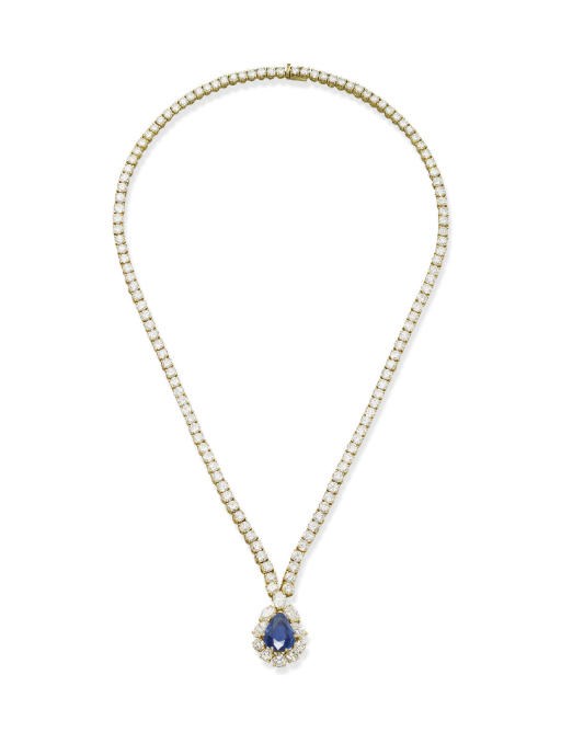 A SAPPHIRE AND DIAMOND PENDENT NECKLACE, BY VAN CLEEF & ARPELS