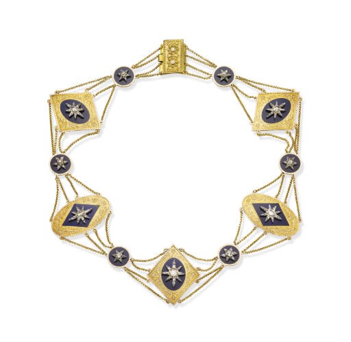 AN ANTIQUE DIAMOND, ENAMEL AND GOLD FESTOON NECKLACE