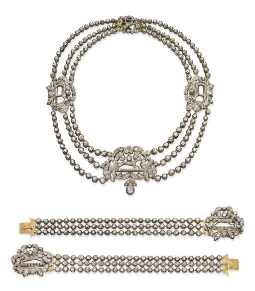 A RARE DEMI-PARURE OF ANTIQUE DIAMOND 'HUNTING' JEWELLERY