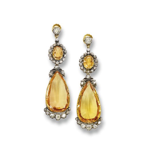 A PAIR OF ANTIQUE TOPAZ AND DIAMOND EAR PENDANTS