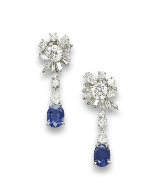 A PAIR OF SAPPHIRE AND DIAMOND EAR PENDANTS, BY MEISTER