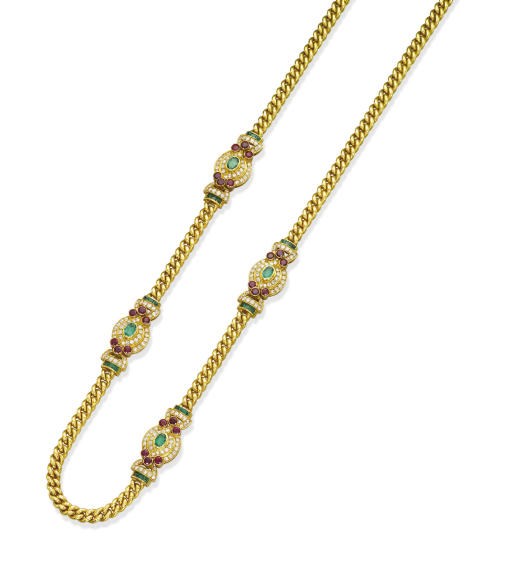 A GOLD, EMERALD, RUBY AND DIAMOND SAUTOIR