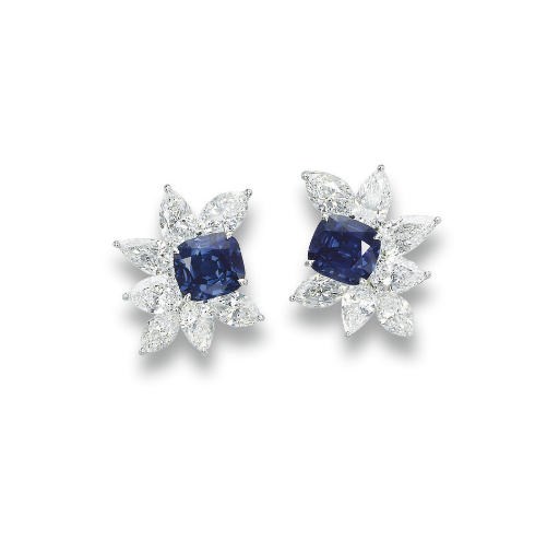 A PAIR OF SAPPHIRE AND DIAMOND EAR CLIPS