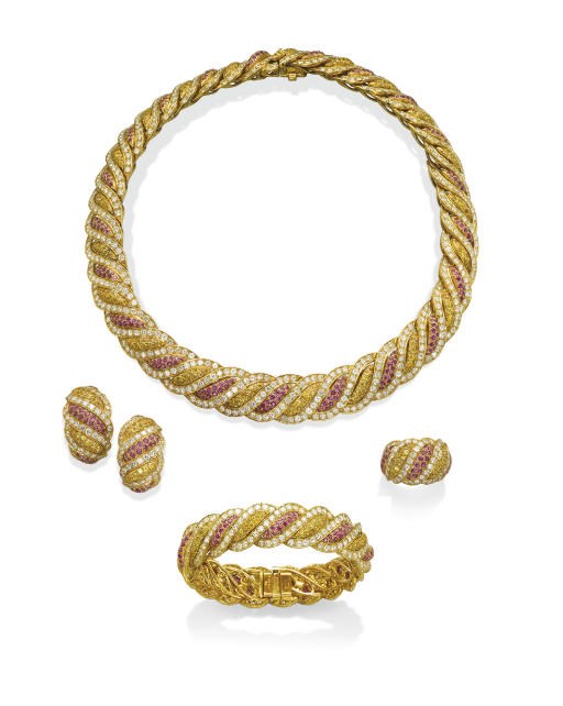 A SUITE OF COLOURED SAPPHIRE AND DIAMOND JEWELLERY, BY MAUBOUSSIN