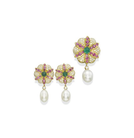 A SET OF CULTURED PEARL, MULTI-GEM AND DIAMOND JEWELLERY