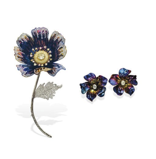 A SET OF TITANIUM, COLOURED DIAMOND AND DIAMOND FLOWER JEWELLERY, BY J'KOO