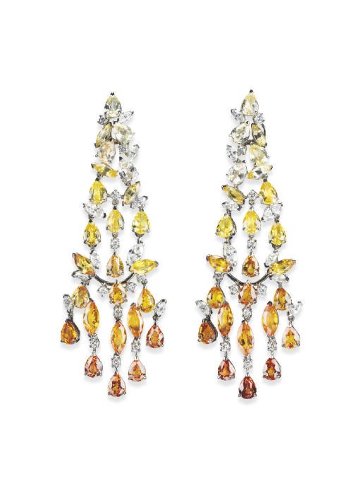 A PAIR OF MULTI-COLOURED SAPPHIRE AND DIAMOND EAR PENDANTS, BY JOHN DE JONG
