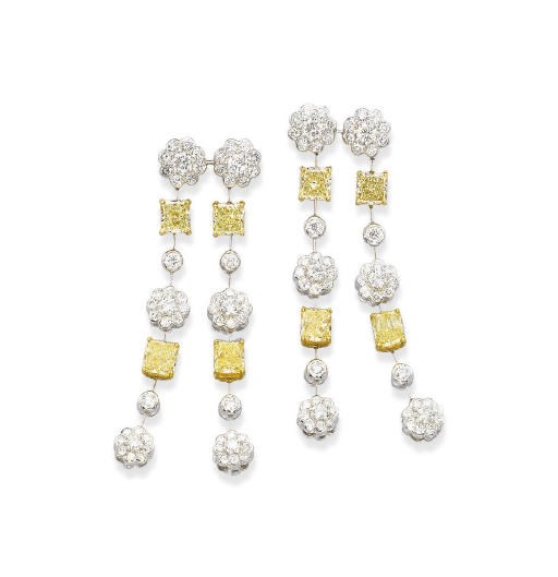A PAIR OF DIAMOND AND COLOURED DIAMOND EAR PENDANTS, BY GRAFF