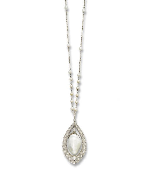 A BELLE EPOQUE NATURAL PEARL AND DIAMOND PENDENT NECKLACE