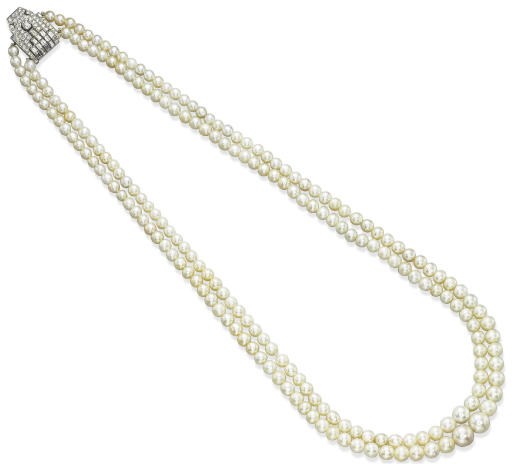 A NATURAL PEARL AND DIAMOND NECKLACE